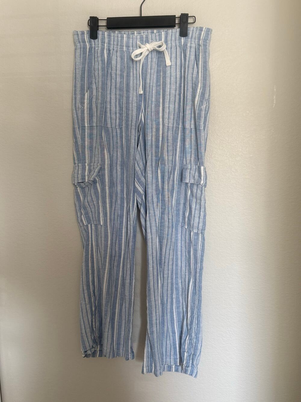 Roxy Blue White Striped Linen Blend Cargo Pants M Beach Coastal Beach Resort